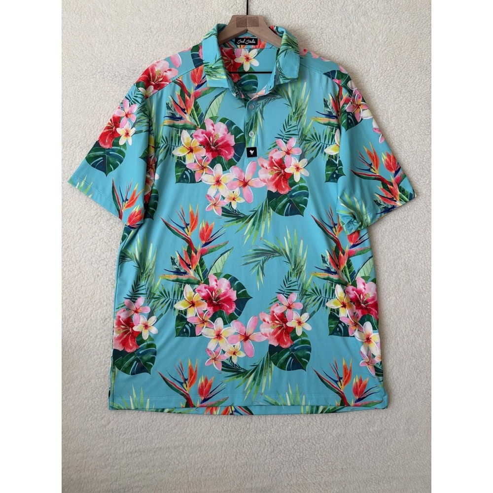 Bad Birdie Golf Polo Shirt Mens XL Blue Tropical Floral Performance Stretch Knit